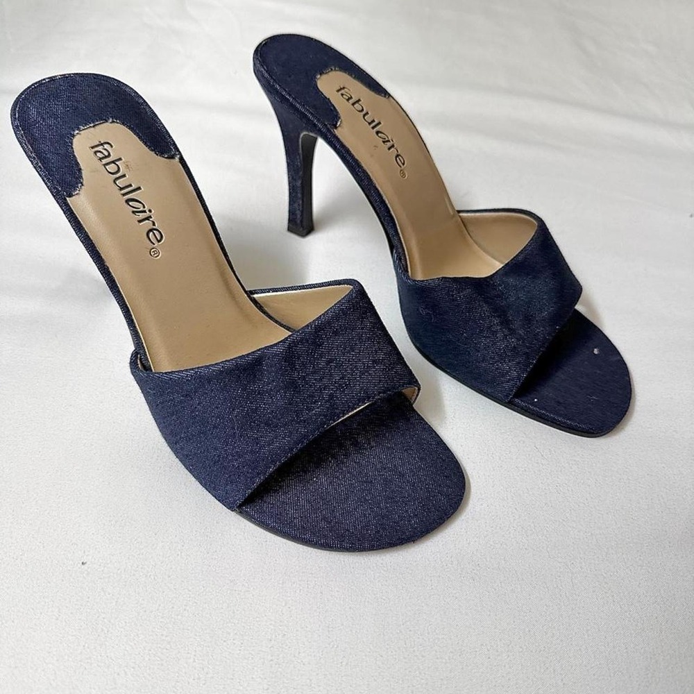 Y2K Fabulaire size 7 dark wash denim open toe mule heels